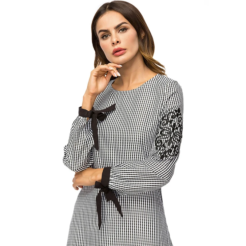 Women Vintage Lace Patchwork Party Dress Fashion O-Neck Plaid Embroidery Muslim A-Line Long Sleeve Maxi Plus Size | Женская одежда
