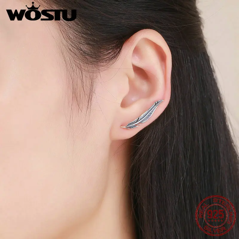 WOSTU романтические 925 пробы серебряные винтажные Ретро серьги-гвоздики с перьями и крыльями для женщин Роскошные серебряные ювелирные изделия подарок CQE258