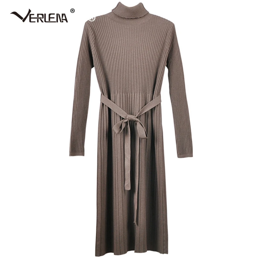 High Waist Roll Neck Rib Solid White Jumper Sweater Dress Elegant Women Long Sleeve Belt Spring Knitted VERLENA New 2019 | Женская