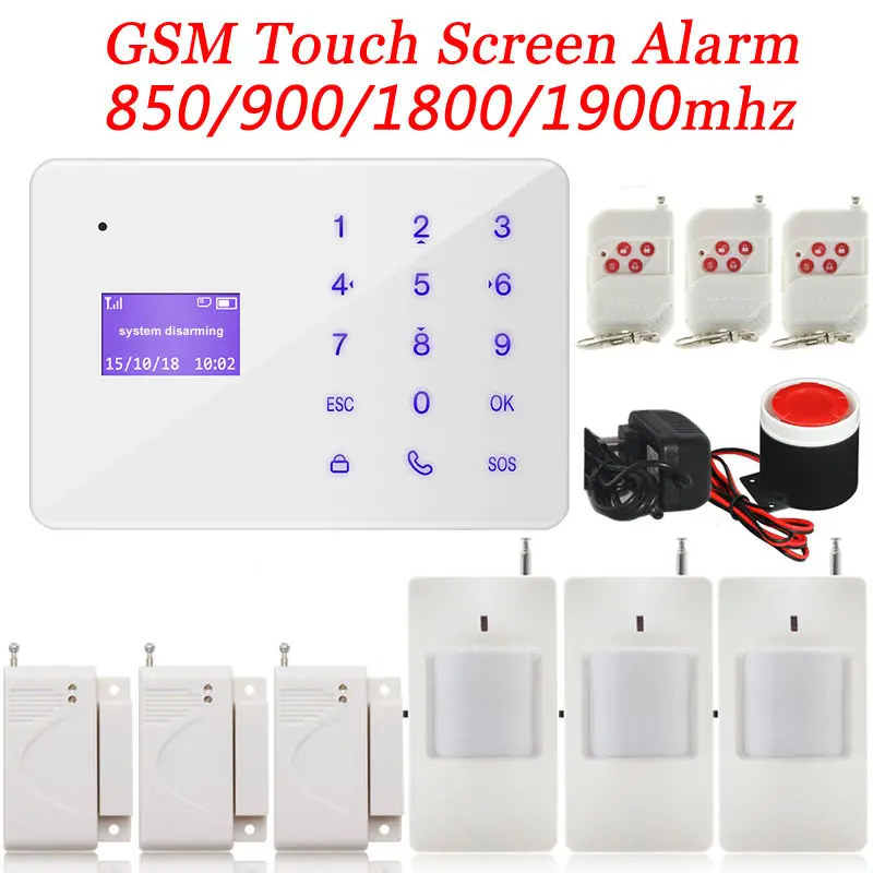 3pcs Wireless PIR Sensor GSM Touch Screen Alarm Russian Spanish Voice Prompt Remote Control Intercom Home Security Alarm System