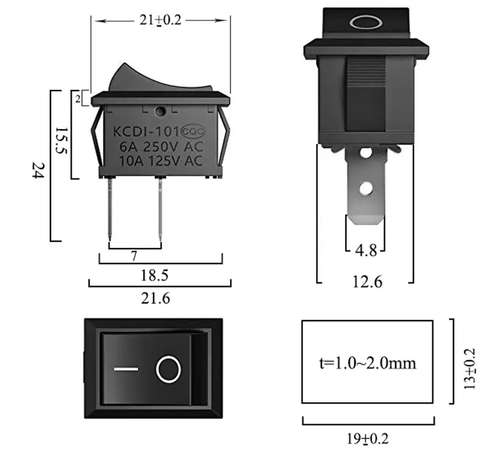 10 шт. KCD1 2Pin 15*21 мм Переключатель типа ВКЛ ВЫКЛ 15X21 клавишный переключатель 6A 250V 10A