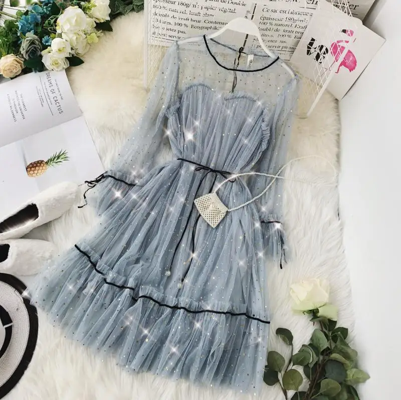 Новинка весны, женское газовое платье принцессы со звездами, блестками, расклешенными рукавами, высокой талией, женское элегантное Сетчатое платье с круглым вырезом