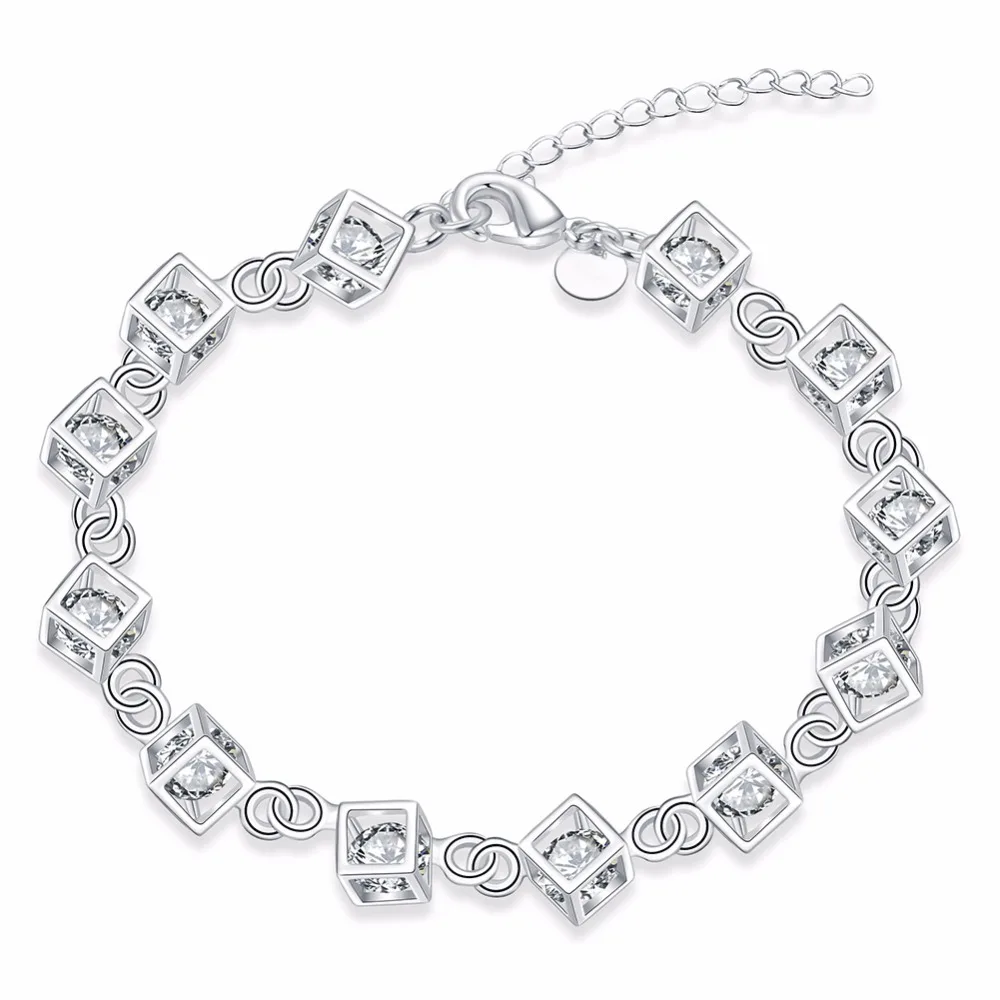 

Lekani New Luxury Austrian Crystal Cubes Bracelet For Women 925 stamp silver color Fine Jewelry Charm Bijoux Bracelets