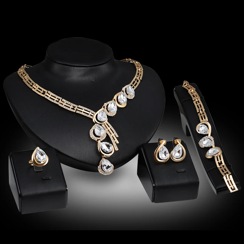 Water Drop Jewelry Set Accessories Gold Color Nigerian Wedding African Beads Necklace&earring&bracelet&ring | Украшения и