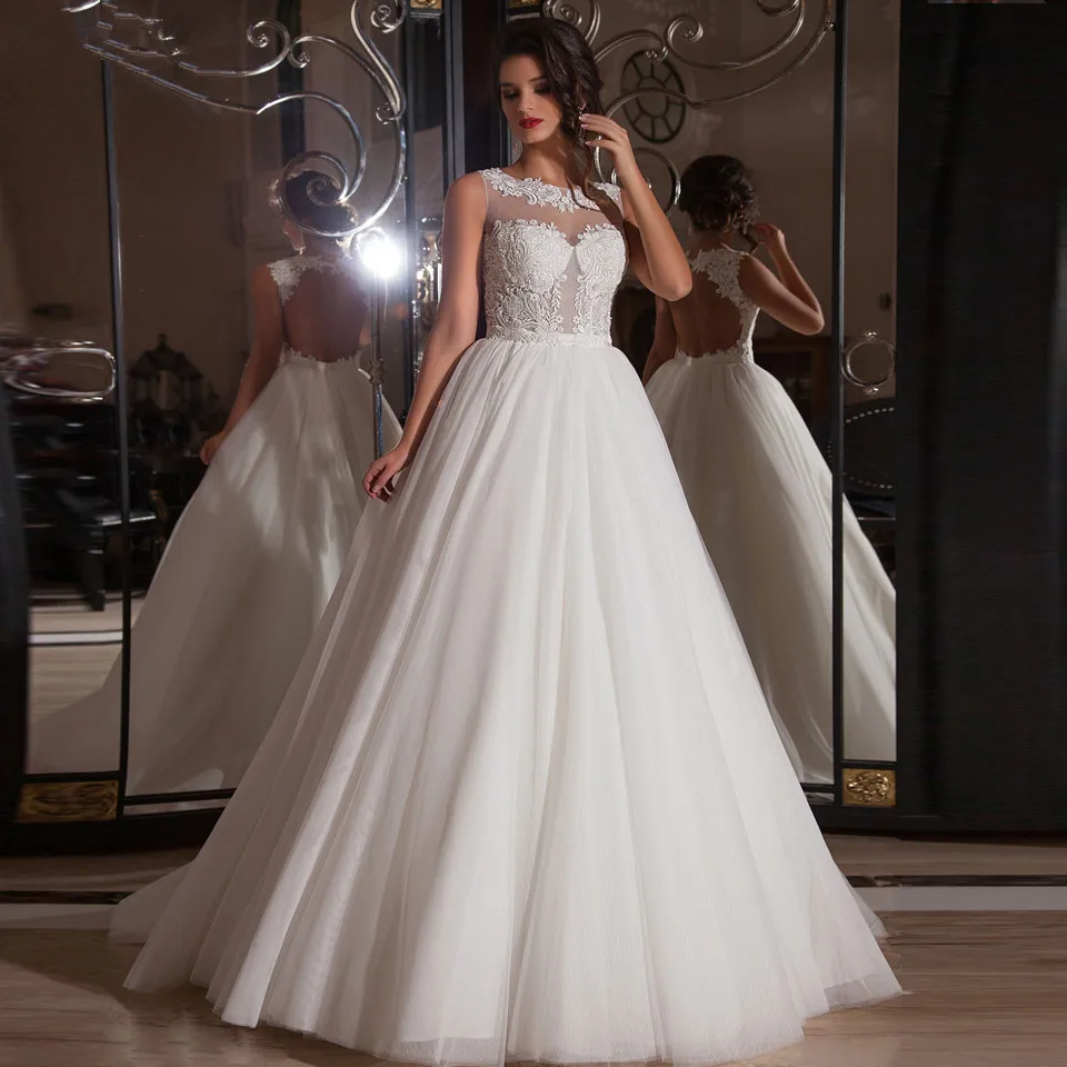 

Ball Gown vestido de noiva 2019 New Bateau Sleeveless Appliques Cheap Backless Bridal Dress Lace Wedding Dresses robe de mariage