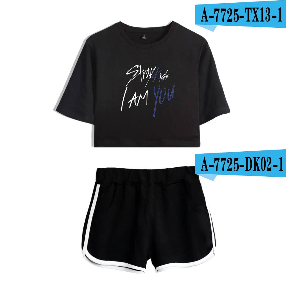 LUCKYFRIDAYF Stray Kids I Am You крутые модные летние шорты и футболки женские комплекты из двух предметов поп-кроп Топ мягкая сексуальная одежда - Цвет: black black
