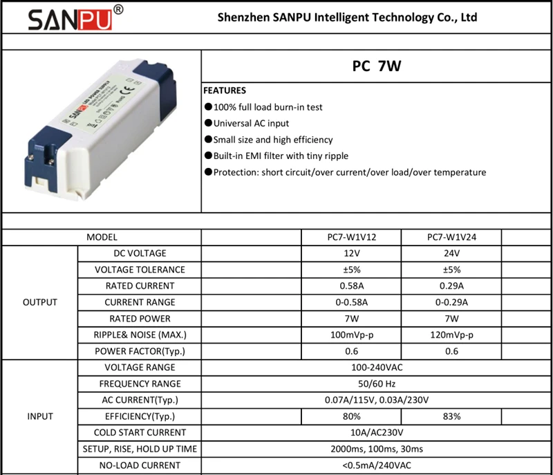 Sanpu smps светодиодный импульсный источник Мощность поставки 12 V 7 W драйверы 110 V 220 V AC-DC трансформаторы IP44 загрузка целого контейнера
