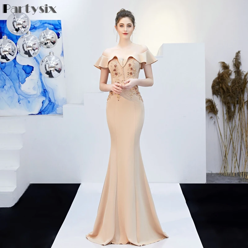 

Partysix Women Elegant Dress See-through Appliques Beads Long Evening Party Dress