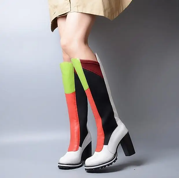 Patchwork Round Toe Knee-High Slip-On Thick high heel stretch boots designer Color mixing Women long shoes Free shipping | Обувь