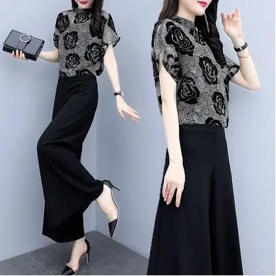 

Женский офисный костюм из двух предметов, Летний шифоновый костюм с круглым вырезом и рукавами «летучая мышь» с высокой талией