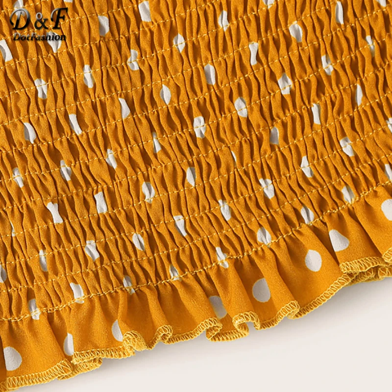 Dotfashion, имбирный горошек, гофрированная блузка с открытыми плечами для женщин, лето, бохо, короткий рукав, одежда для девушек, облегающие Топы