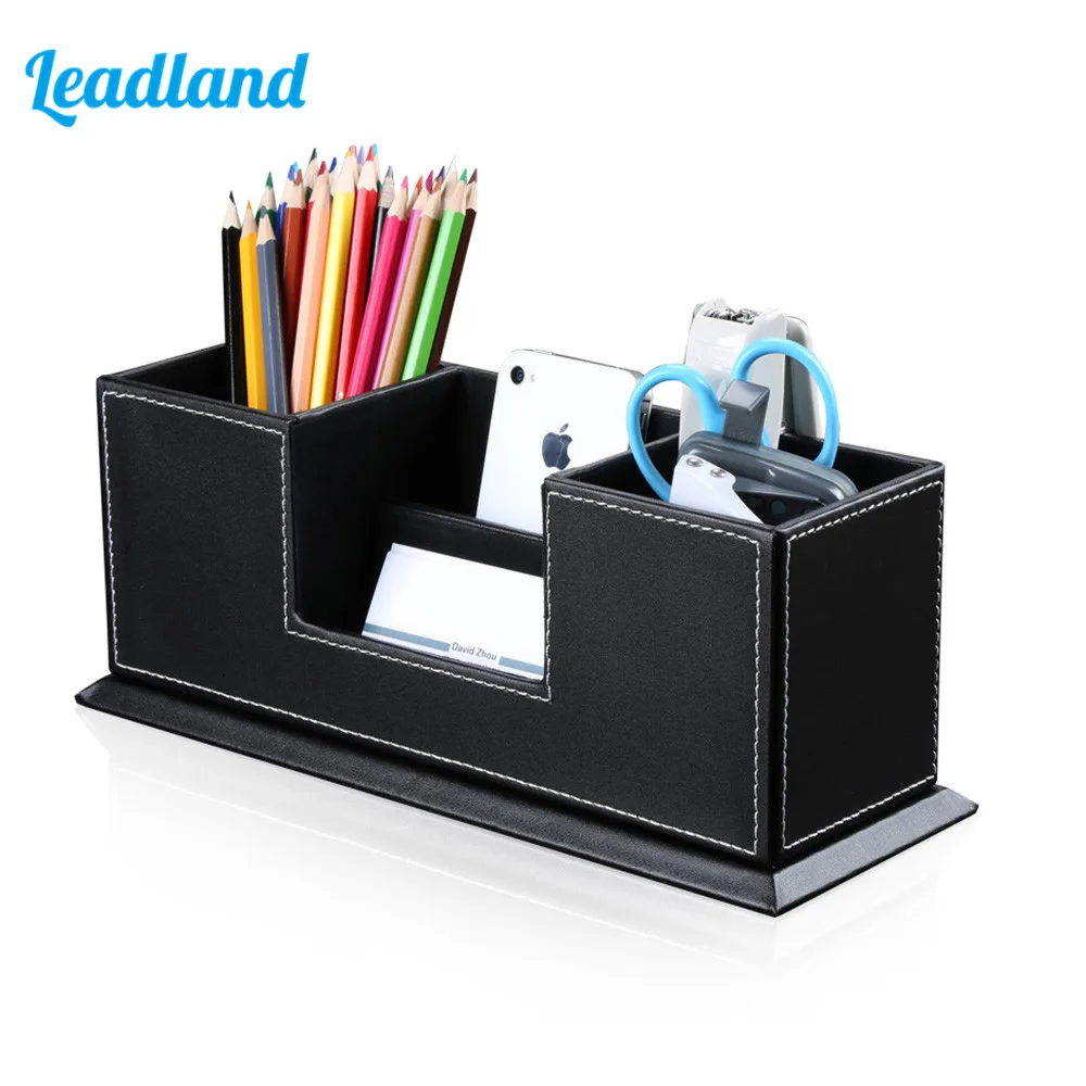 

Office PU Leather Desktop Stationery Organizer Double Pen Pencil Holder Business Card Stand