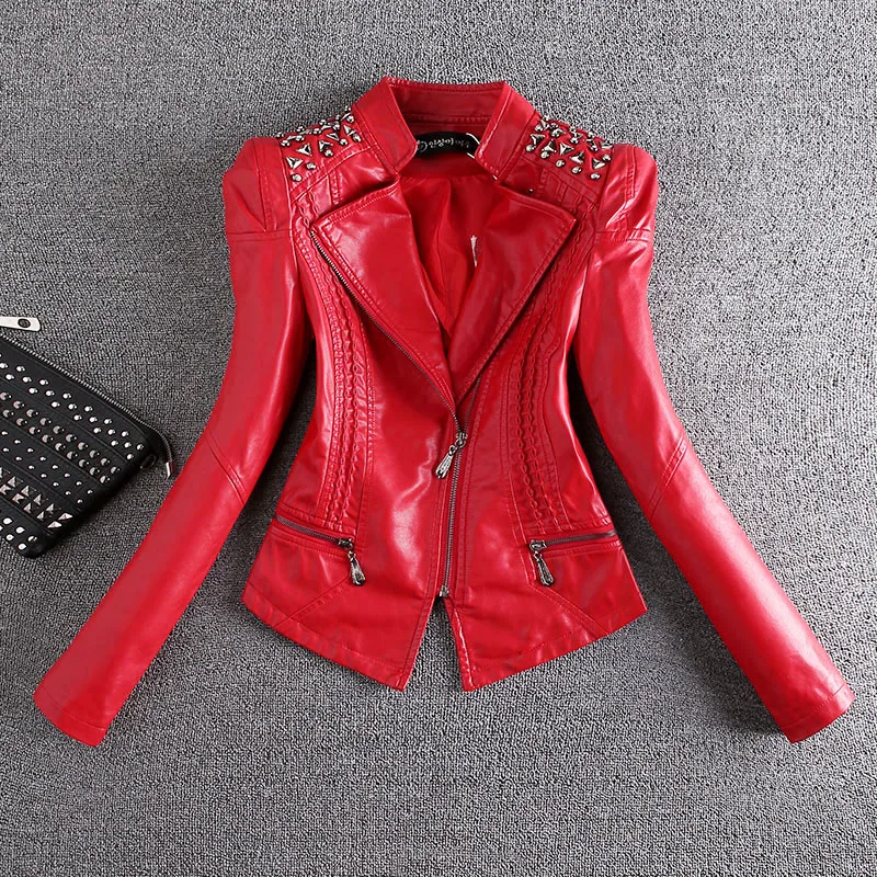 2019 Spring and Autumn Women Coat Fashion Slim Leather Coats Lady Rivets Pu Jacket Short Motorcycle | Женская одежда
