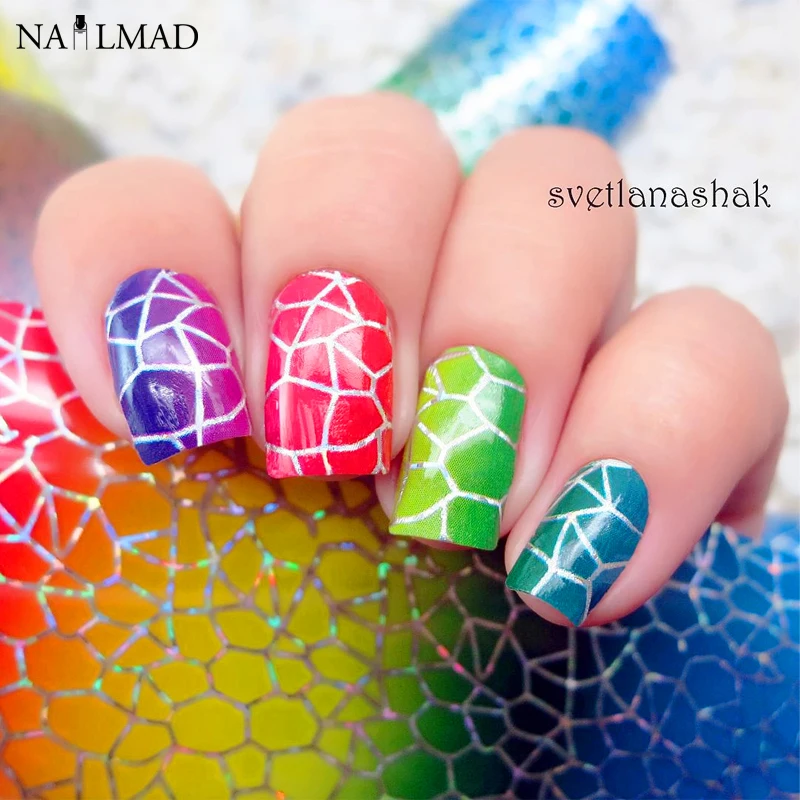 Голографическая фольга на ногти с градиентом 1 рулон 4х100 см цветная сетка для