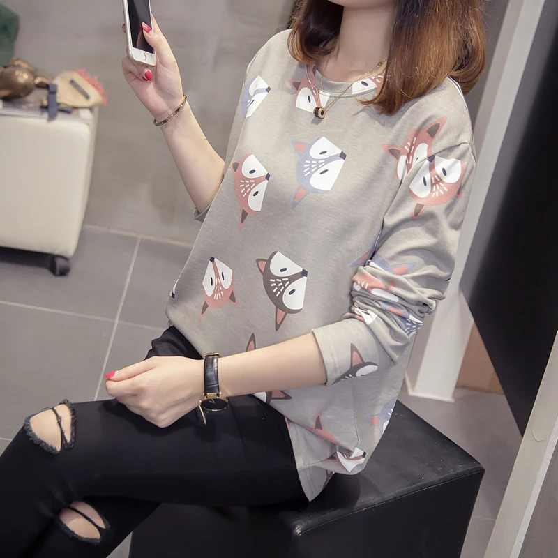 Doornot O-neck Big Tshirt New Autumn Women Casual Loose Long sleeve Fox Plus size Tops Cotton Oversize 3XL 4XL T shirts Tee | Женские