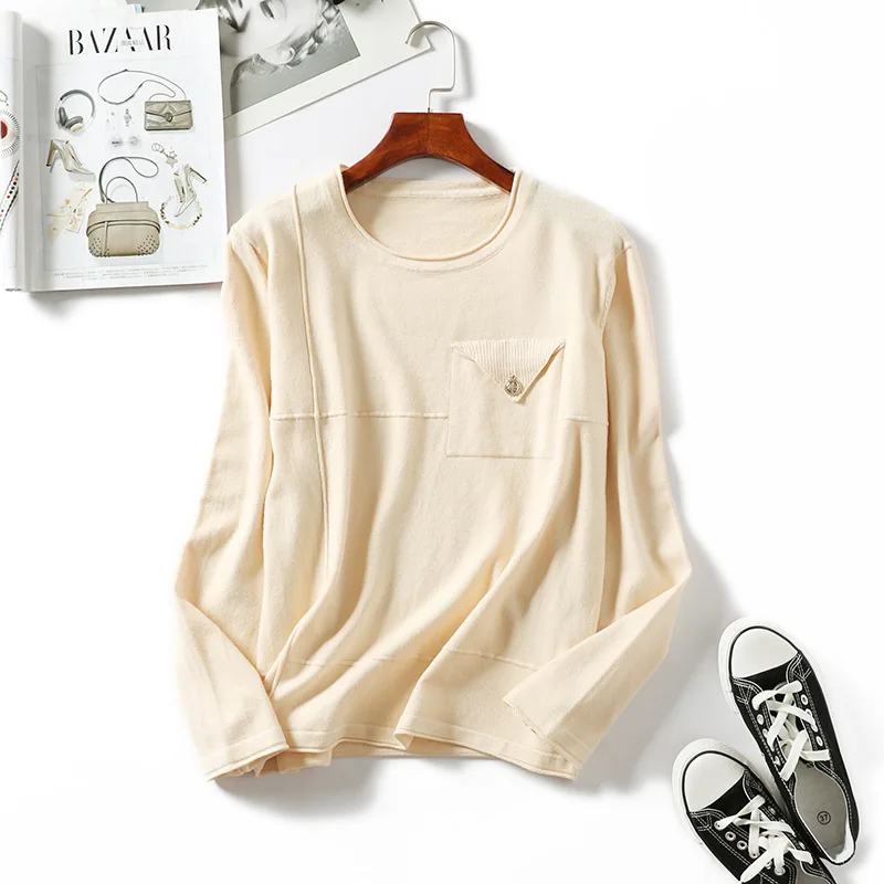 Women pullovers knitted sweater long sleeves basic o-neck tricot pocket loose warm new cashmere wool knit tops plus size | Женская