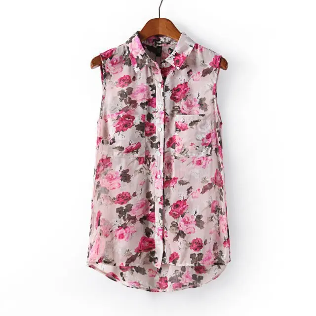 rose print chiffon sleeveless blouse shirt 2014 Europe summer styles ST0022 |