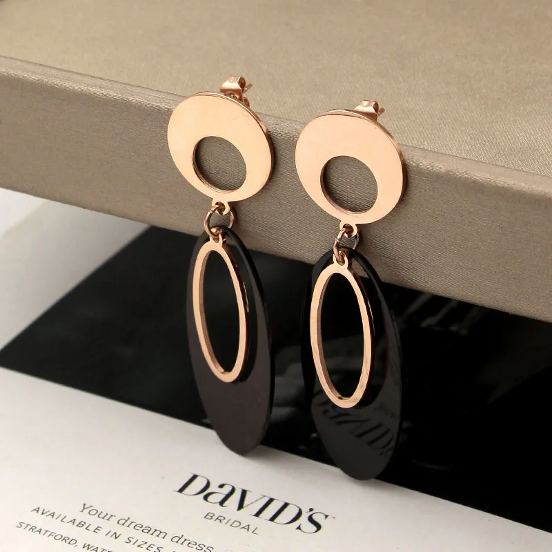 

Fashion jewelry, accessories, Oval black rose gold earrings, titanium steel earrings for women