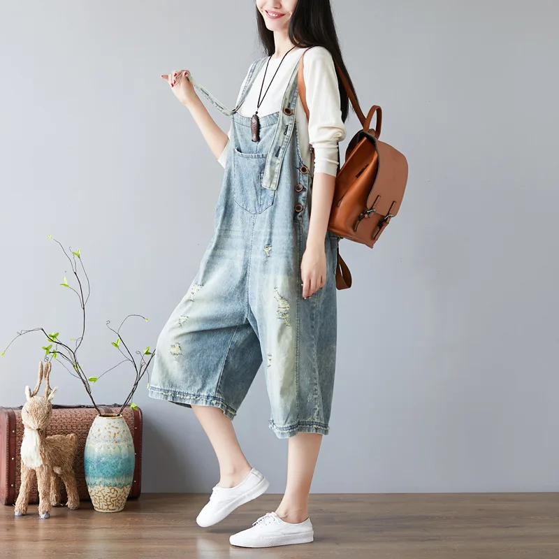 Women Summer Blue Jumpsuit Washed Vintage Loose Hole Jeans Cropped Wide Leg Bib White Scratch Trousers XL-01 | Женская одежда