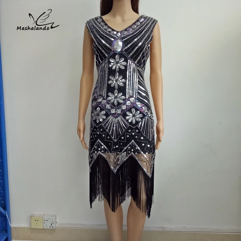 Платье С Блестками Бисером v образным вырезом и кисточками длинное черное