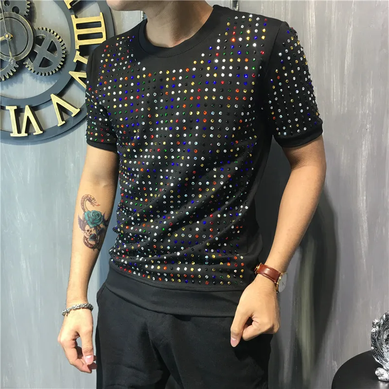 WHITNEY WANG 2018 Summer Fashion Streetwear Colors Rhinestone t shirt Men Casual Tees T-shirt tumblr tops Plus size Women Tee |