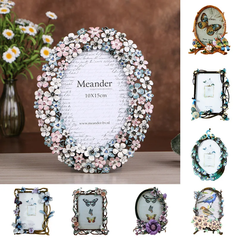 European Pastoral Retro floral Frame Creative Home Decoration Ornaments Zinc Alloy Enamel Oval Peacock Photo Single-frame | Дом и сад