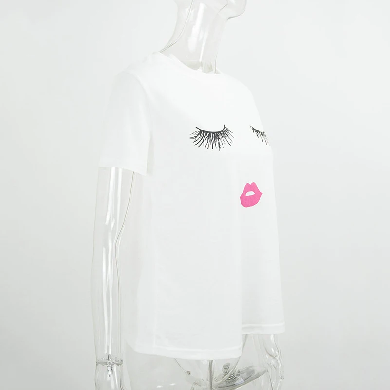 Футболка женская летняя с принтом в виде красных губ и ресниц|Футболки| |