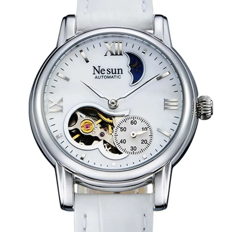 Switzerland Luxury Brand NESUN Automatic Mechanical Women's Watches Moon Phase Leather Clock Skeleton Diamond Waterproof N9061-5