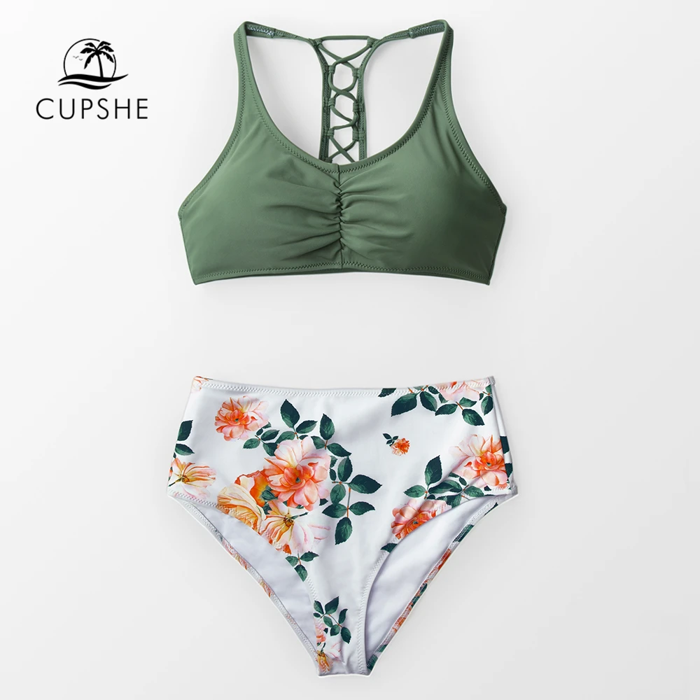 Женский купальник бикини CUPSHE зеленый с высокой талией и цветочным принтом на