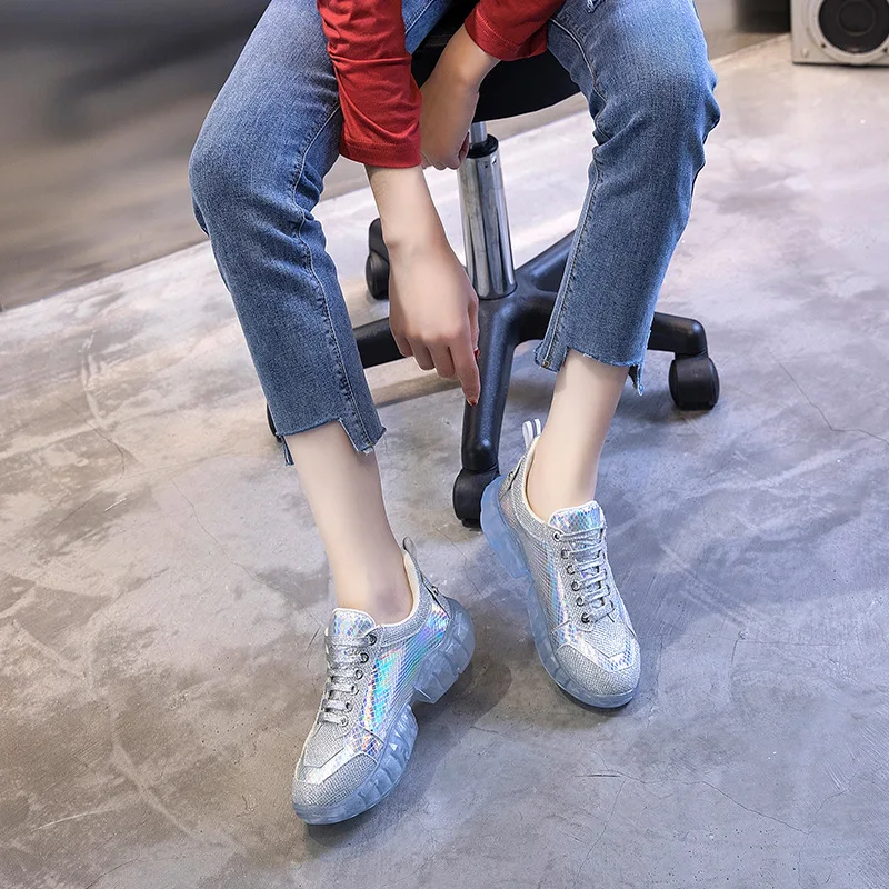 Обувь с блестками женские кроссовки на массивной платформе zapatos de mujer цветная