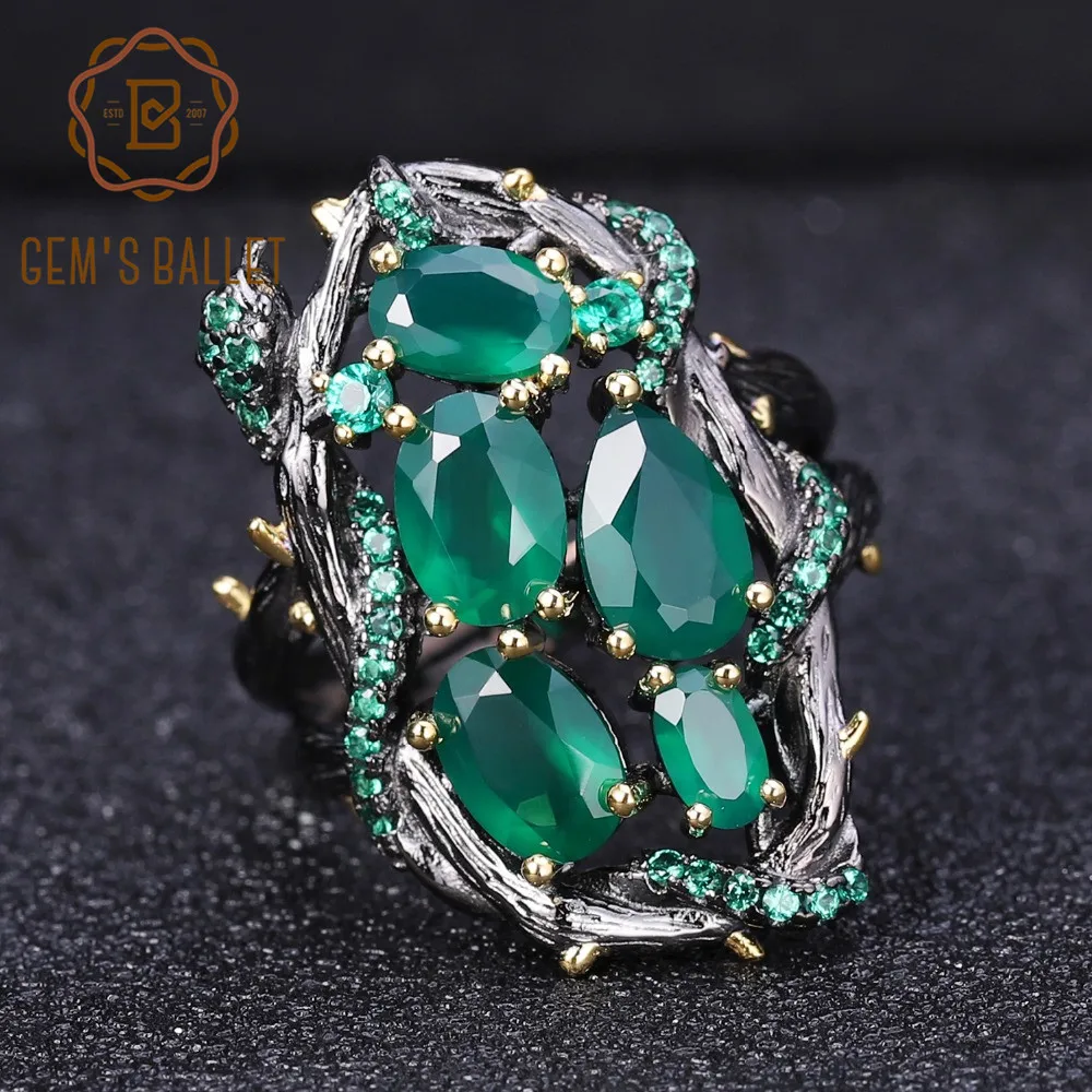 GEM'S балетное 925 пробы, серебряное кольцо ручной работы, ветка, Змеиный элемент, натуральный зеленый агат, натуральный камень, кольцо для женщин, ювелирное изделие