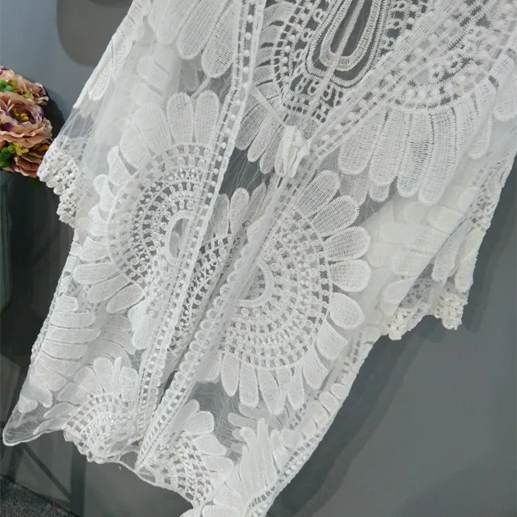 Белая кружевная блузка кимоно Новинка лета 2019 Модное Длинное с вышивкой кардиган