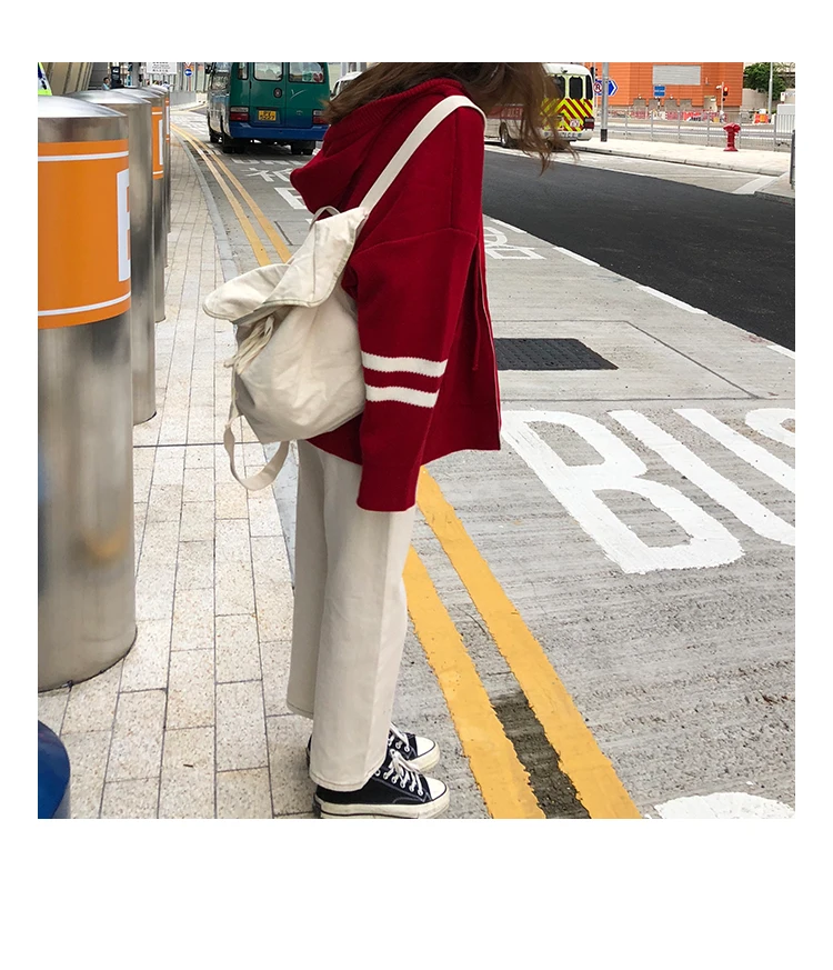 Woherb Harajuku Knitted Cardigan Women Korean Style Modis Striped Print Hooded Sweater Coat Girls Casual Runway Sweaters