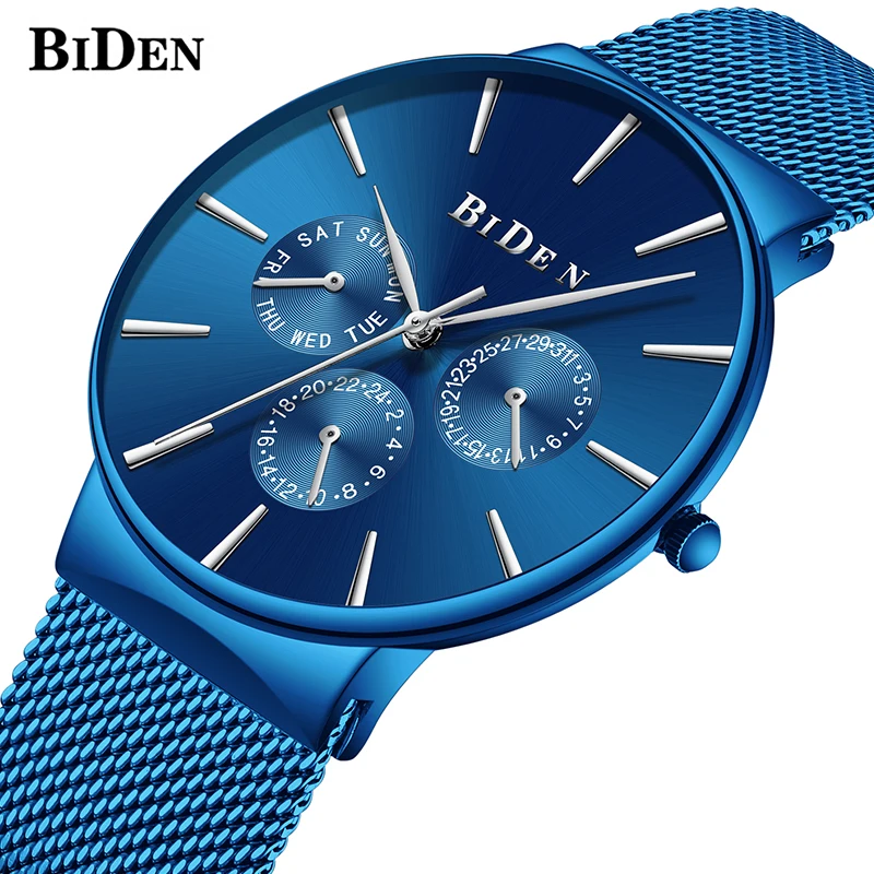 Новые синие роскошные функциональные часы с датой дня водонепроницаемые мужские