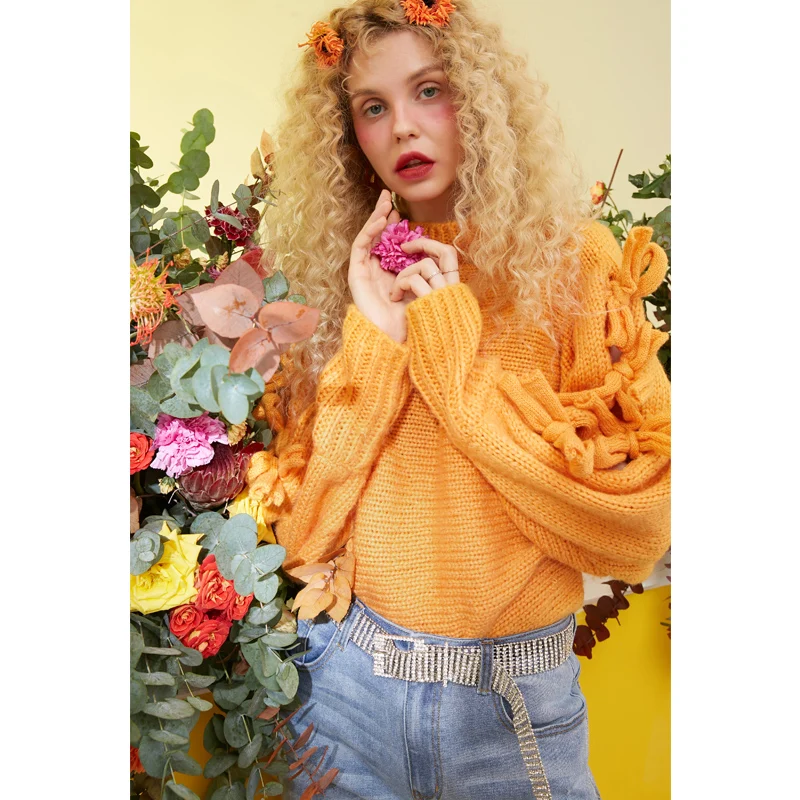 Женский свитер ELFSACK однотонный вязаный ручной работы с треугольным вырезом на