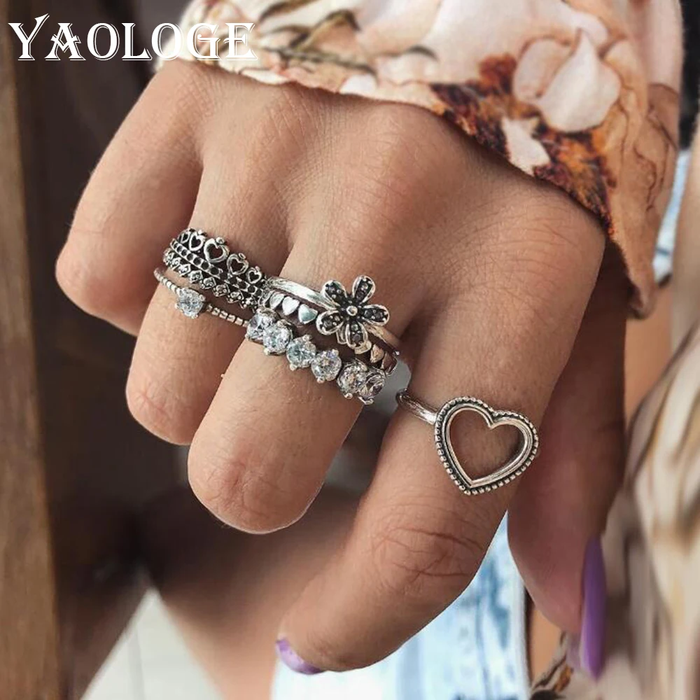 YAOLOGE Vintage Heart Flower Crown Shape Rings Sets for Women Girls Bohemian Carving Crystal Midi Knuckle 6 pcs/Sets | Украшения и