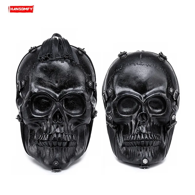

New Punk locomotive 3D skull Men backpack street trend hip hop funny men shoulder bag black leather travel cool bag backpacks