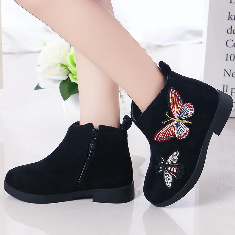 

Girl Children Boots Spring Autumn Kids Students Embroidered Butterfly Fashion Casual Shoes Teenagers Snowboots Size 26-36