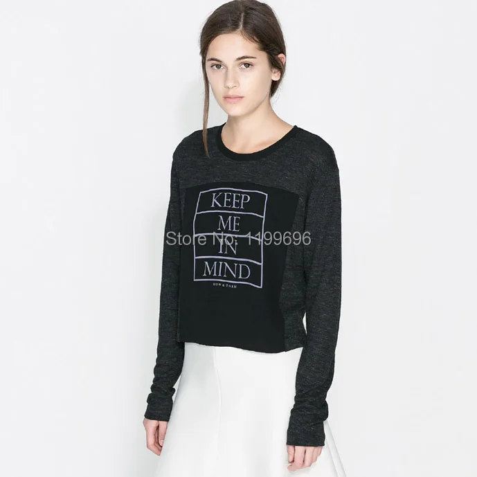 New arrival casual women's dark gray black colorant match keep me in mind letter print long sleeve basic shirt female t shirts|match bar|matches