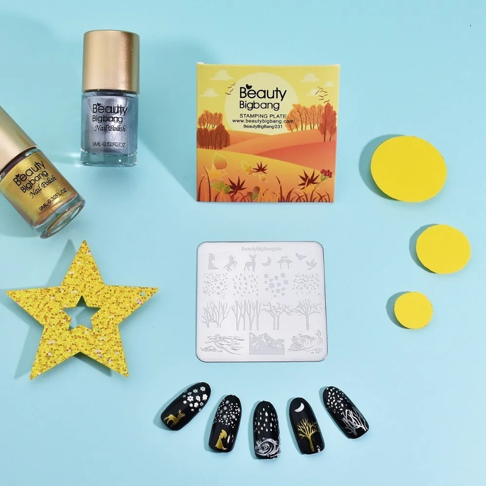 Beautybigbang штамповочные пластины олень дождь дерево река Единорог Волна шаблон изображения 6 см квадратные пластины для штамповки ногтей трафарет 031