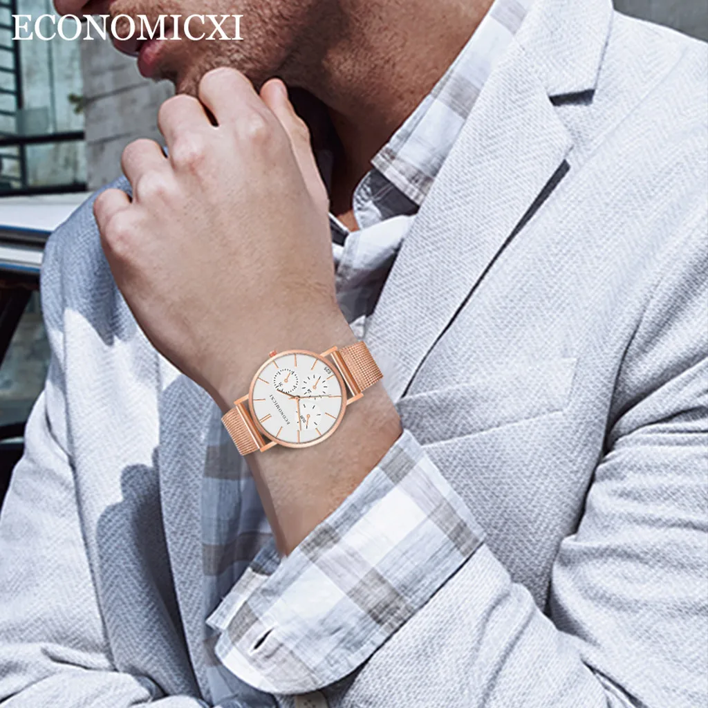 Мужские модные часы reloj hombre, простые часы из нержавеющей стали с тремя глазами, маленький циферблат, мужские кварцевые часы