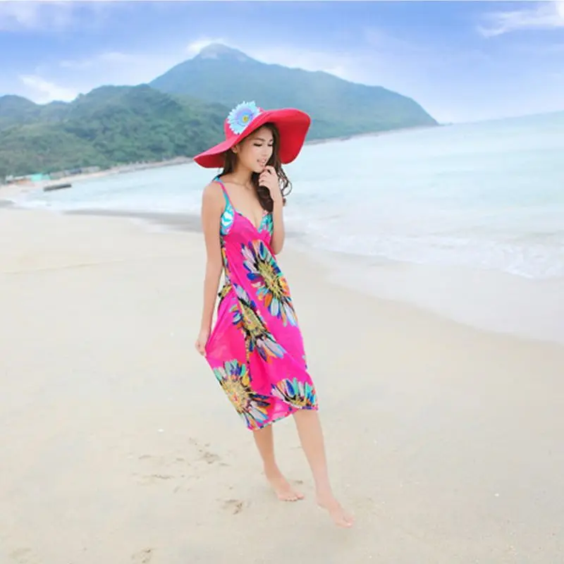 Womens Bohemian Spaghetti Strap Sexy V Neck Backless Bikini Cover Up Colored Sunflower Print Wrapped Beach Dress Bathing Suit|Женские