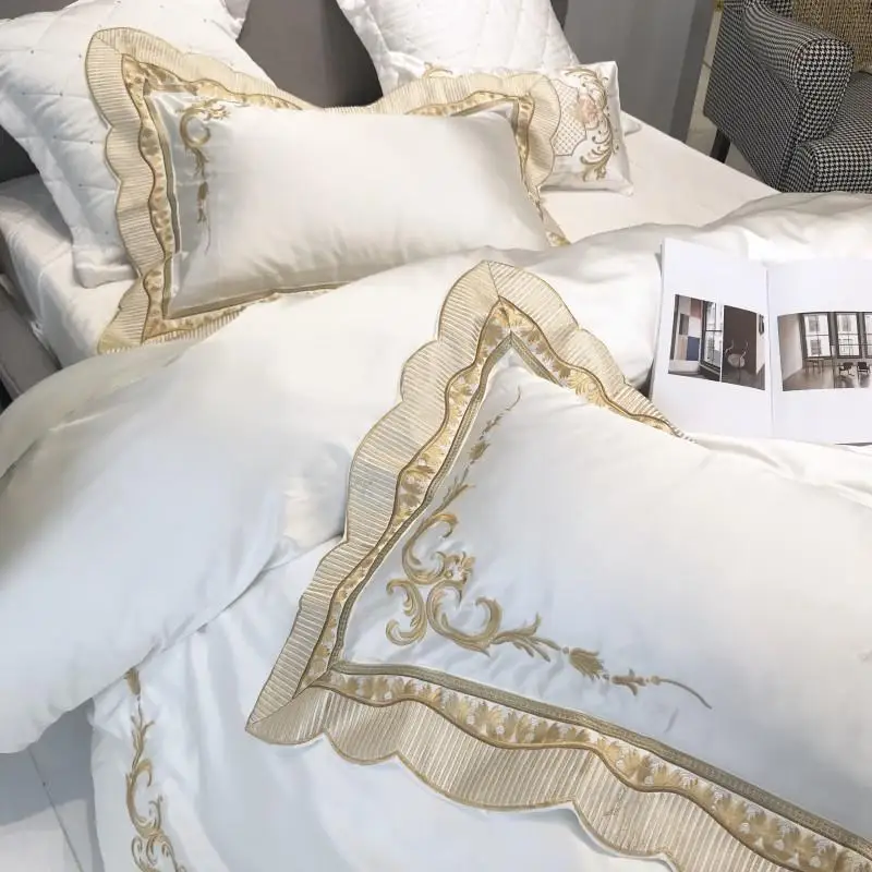 Фиолетовый Белый Вышивка Duvet Стёганое одеяло роскошные постельные принадлежности мягкие постельное бельё из египетского хлопка листов простыня набор King queen размер 4/7 шт
