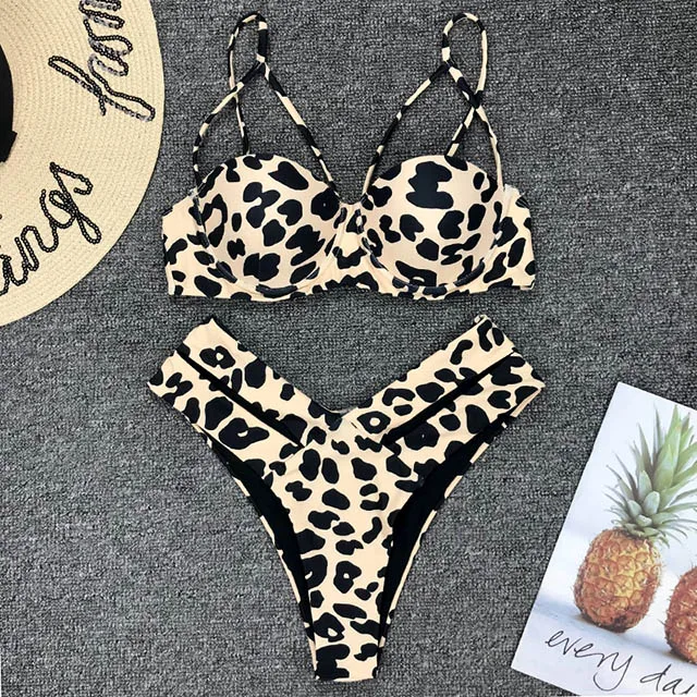 B404Leopard Новинка, леопардовое бикини с высокой талией, пуш-ап, женский купальник, женский купальник с высокой посадкой, комплект бикини из двух предметов, Бюстгальтер, чашка, купальник - Цвет: B404Leopard