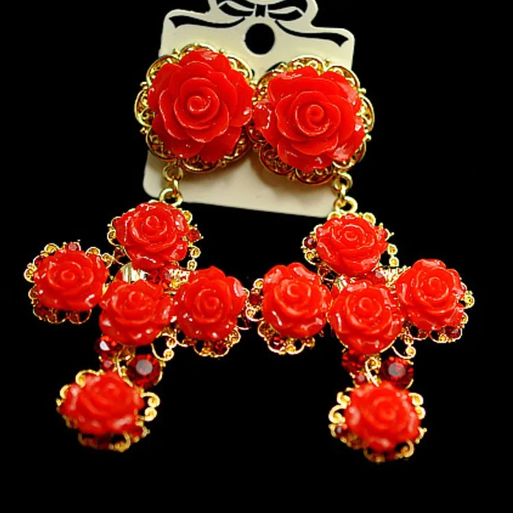 Модные брендовые ретро серьги в виде красной розы стиле большие барокко Женские