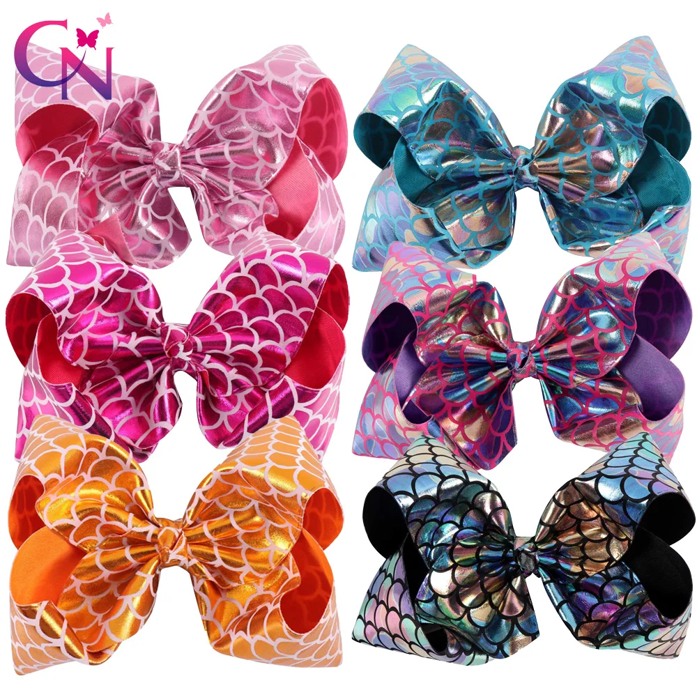 

6 Pieces/lot 8" Mermaid Hair Bows With Clips For Kids Girls Handmade Fish Scales Metallic Fabric Bows Hairgrips Hair Accessories