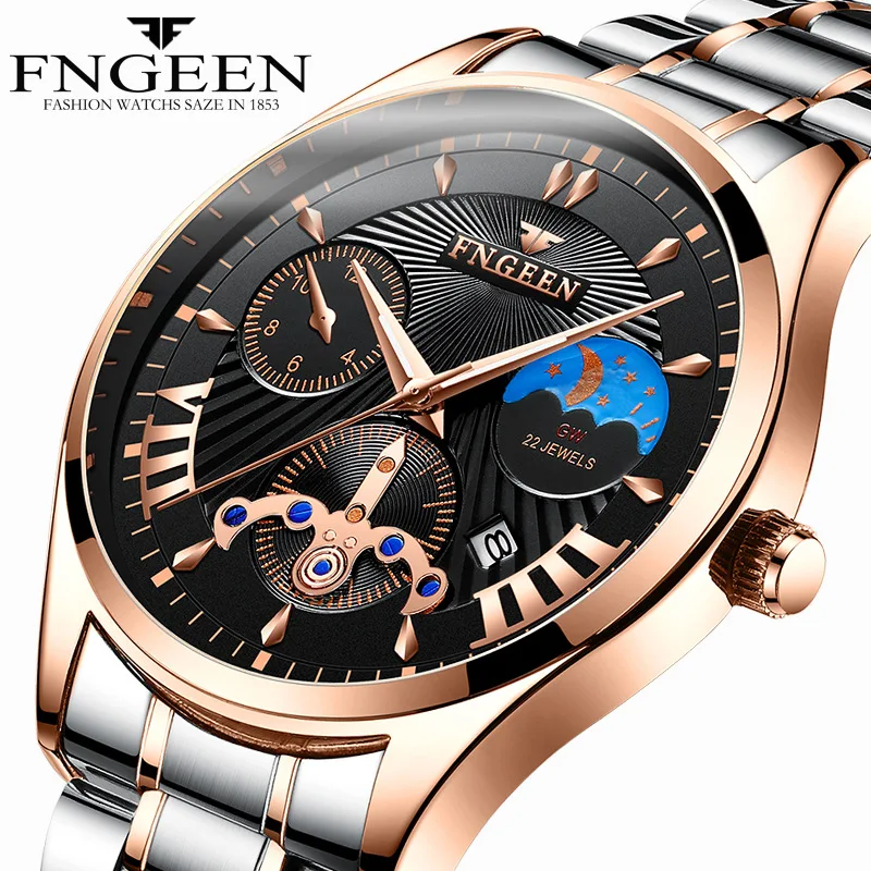 

FNGEEN Watch Men Non Automatic Mechanical Wristwatch Steel Waterproof Luminous Hour Men's Watches 2020 Fashion Luxury Male Clock