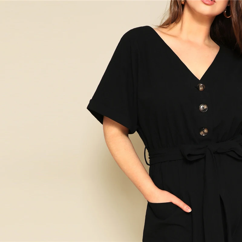 SHEIN Plus Size Button Front Wide Leg Belted Jumpsuit Women Spring Summer Casual V Neck Short Sleeve Longline Jumpsuits