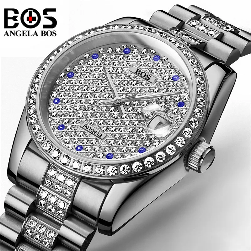 Relogio Masculino Анжела BOS Роскошные Брендовые Часы Для мужчин Водонепроницаемый золотистый, серебристый, цвета алмаза автоматические механические наручные часы Montre Homme
