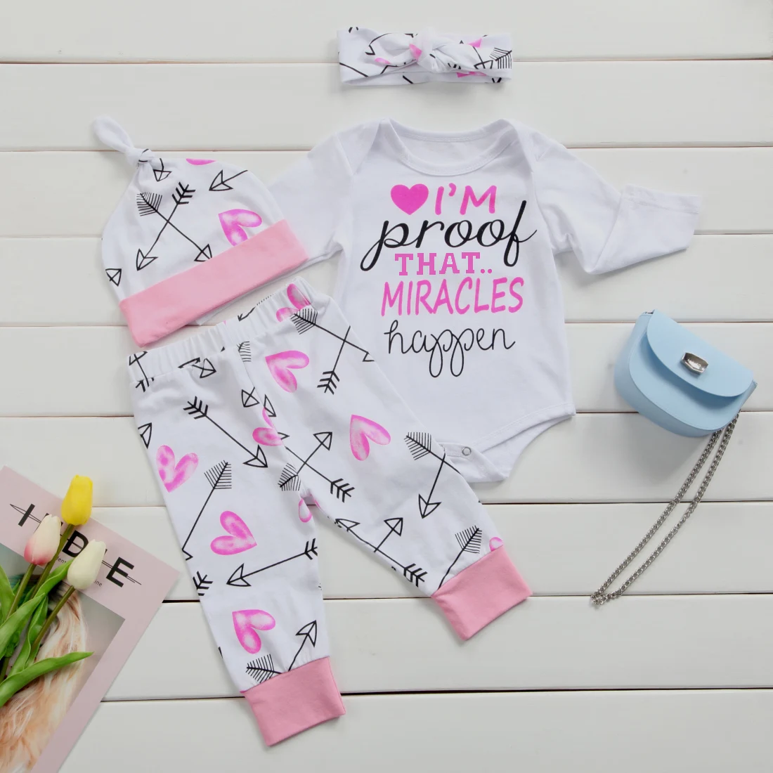 Toddler Newborn Baby Girl Rompers+Print Long Pants+Hats+Headband 4pcs Outfits Clothes Set Autumn Cotton Kids Clothing Sets | Детская